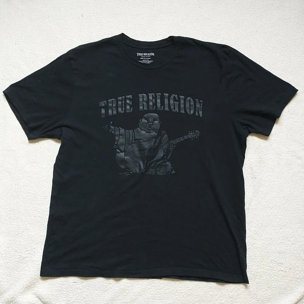 TRUE RELIGION T Shirt Mens XL/L*Black Buddha Guitar Logo Spell Out 100%Cotton